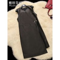 憨厚皇后 新款海宁绵羊皮长款修身连衣裙马甲真皮皮衣女