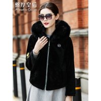 憨厚皇后 冬季新款羊毛羊剪绒大衣女狐狸毛连帽皮草外套 AY