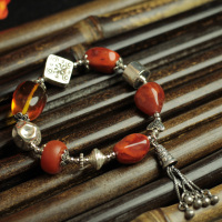 宝萃银楼 足银配南红琥珀原创手工手链