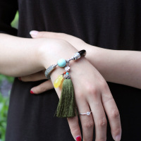 宝萃银楼 足银配蜜蜡绿松石南红紫檀木原创手工手链