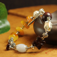 宝萃银楼 足银配然琥珀/紫檀木/天然翡翠/原创手工手链