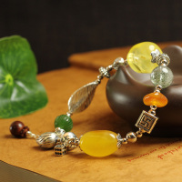 宝萃银楼 足银配天然琥珀/花苞形碧玉/招财绿幽灵/原创手工手链