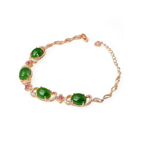 帛兰梓韵 天然和田碧玉菠菜绿手链925银镀玫瑰金镶碧玉红宝石手链时尚流行款送女友