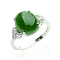 帛兰梓韵 天然玉石菠菜绿语指环s925银镀白金俄罗斯和田碧玉戒指女款
