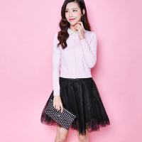 拉夏贝尔2017秋新款优雅圆点印花拼接长袖时尚套装女10008322