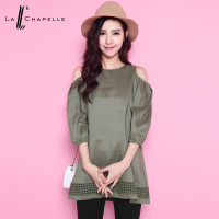 拉夏贝尔2017秋新款麻料露肩七分灯笼袖连衣裙10008761