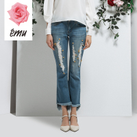 emu/依妙红玫瑰新款春秋款时尚女装修身玫瑰绣花牛仔裤百搭休闲裤_TAW57