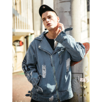 VIISHOW2017秋装新品牛仔夹克衫男纯棉图腾符号装饰磨破男士外套