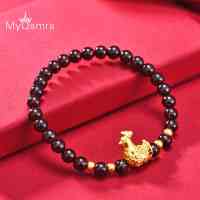 MYQAMRA生肖鸡足金3D硬金吊坠石榴石红皮绳本命年手链 女新年礼物