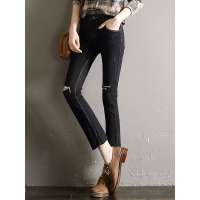 轩兹牛仔微喇裤女秋新款修身显瘦韩版破洞不规则毛边喇叭裤九分裤