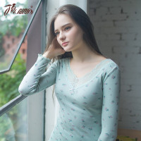 顶瓜瓜一梦笙花内衣女秋套装薄款 V领长袖内搭蕾丝印花性感秋衣秋裤套装_qHM40