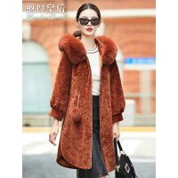 憨厚皇后秋冬新款海宁羊剪绒大衣女 狐狸毛中长款皮草外套WW