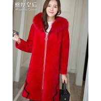 憨厚皇后 秋冬新款海宁羊剪毛皮草大衣女中长款狐狸毛连帽AY