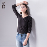 初语秋季纯色基础打底体恤V领简约休闲文艺长袖T恤女纯棉