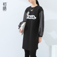 初语冬季新品女装字母灯笼袖连衣裙女拼接女中裙圆领宽松裙