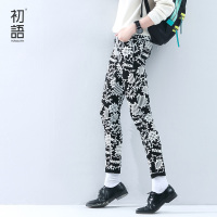 初语潮牌原宿风休闲铅笔裤女潮流印花女生小脚裤潮裤