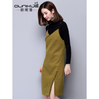 欧昵雪秋冬新款名媛淑女气质吊带裙不规则开叉打底毛呢连衣裙DR
