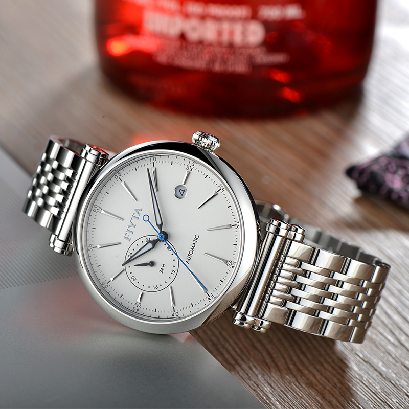 飞亚达fiyta手表男印系列男士机械表复古设计日历显示白盘钢带