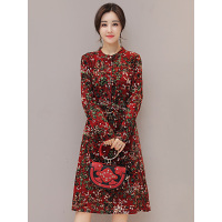 丝柏舍 2017秋装新款女装碎花圆领长袖修身中长款连衣裙S73R0123L