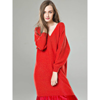 CMX011OR清新简约V领宽松中长款套头羊毛衫