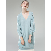 CMX011QS清新简约V领宽松中长款套头羊毛衫