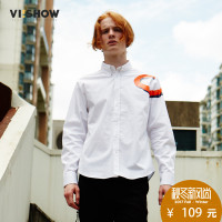 VIISHOW2017秋装新品休闲长袖衬衫男不对称印花纯棉男士白衬衣