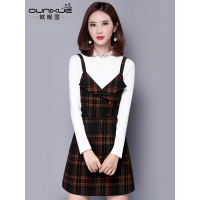 欧昵雪秋冬新款修身性感外搭格子连衣裙复古V领收腰吊带裙