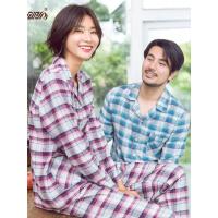 顶瓜瓜纯棉长袖情侣睡衣 秋冬格子印花男女休闲长袖家居服套装