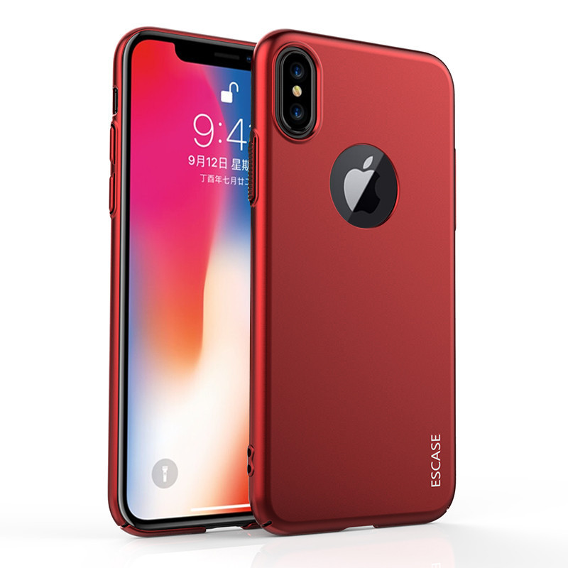 ESCASE 苹果iPhoneX手机壳 送指环扣支架 5.8英寸全包烤漆肤感保护套硬壳(有吊绳孔)中国红