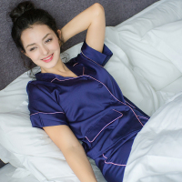 素肌棉丝绸睡衣套装短袖短裤家居睡衣女仿真丝时尚开衫睡衣两件套