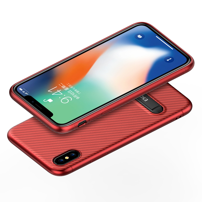 ESCASE 苹果iPhoneX手机壳 苹果X手机套 碳纤维全包防摔硅胶软壳 自带支架保护套 中国红