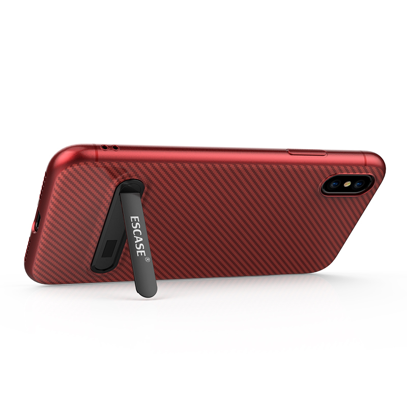 ESCASE 苹果iPhoneX手机壳 苹果X手机套 碳纤维全包防摔硅胶软壳 自带支架保护套 中国红