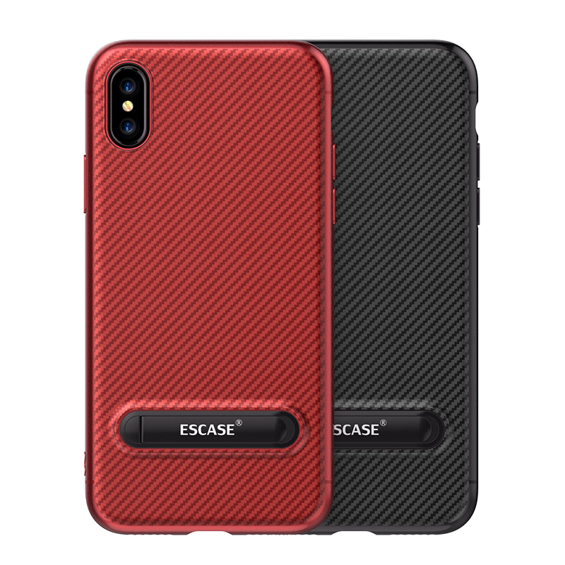 ESCASE 苹果iPhoneX手机壳 苹果X手机套 碳纤维全包防摔硅胶软壳 自带支架保护套 中国红