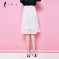 拉夏贝尔2017秋新款 蕾丝磨毛百褶松紧腰半身裙10008255