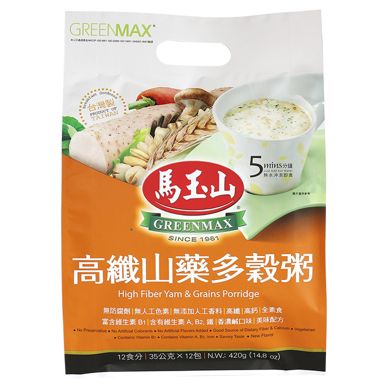 GreenMax 马玉山 高纤山药多谷粥35g×12pcs/袋装 台湾进口食品 港澳台进口天然粉