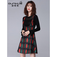 欧昵雪秋装新款时尚花色图案吊带裙性感高腰连衣裙无袖褶皱裙