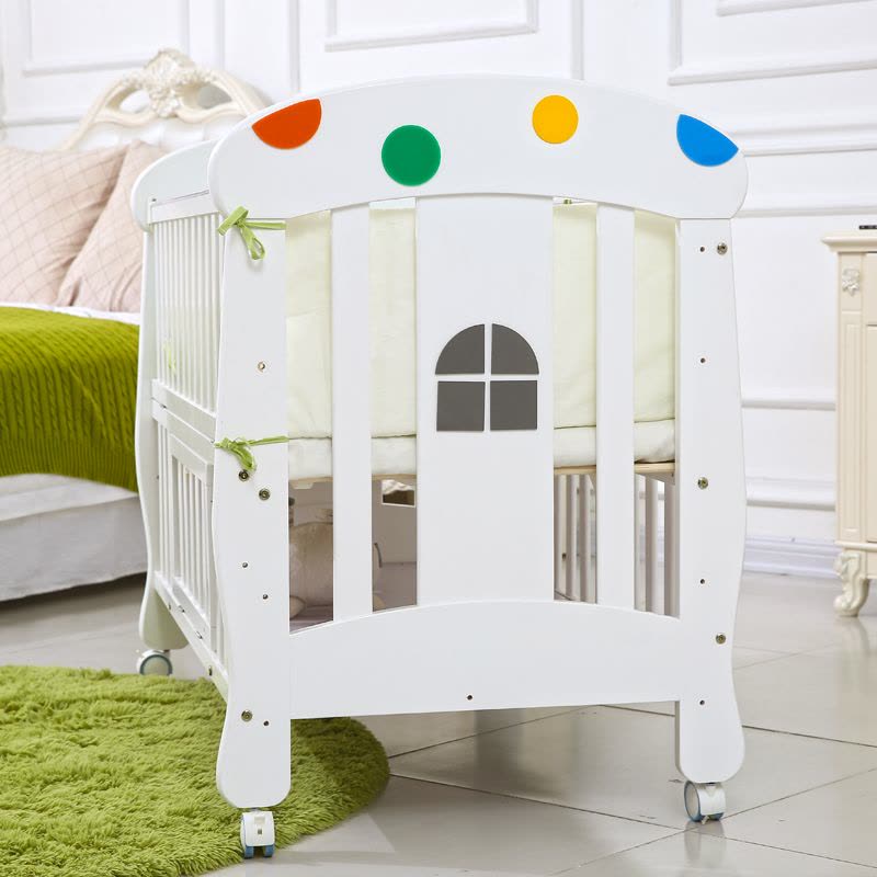 霖贝儿(LINBEBE)蘑菇造型婴儿床多功能游戏床可变书桌宝宝床可调节高低档松木床可拼接儿童床含5cm床垫图片
