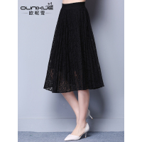 欧昵雪秋装新款黑色性感镂空蕾丝高腰百褶裙收腰半身裙中长款