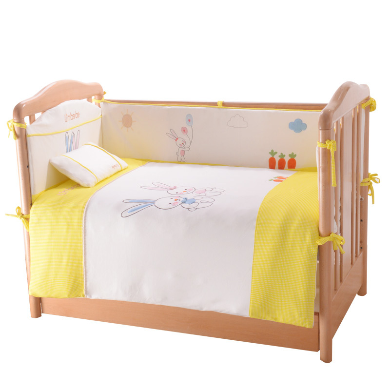 霖贝儿(LINBEBE)婴儿床上用品9件套新生儿套装可拆洗防夹手型宝宝床围赠兔子玩偶