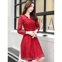 丝柏舍2017秋装新款女纯色修身长袖中长款镂空连衣裙S71R0192