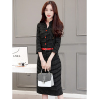 长款连衣裙丝柏舍2017秋装新款 修身V领单排扣格子长裙S73R0009L