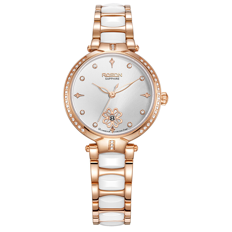 劳士顿(rosdn)女士手表 陶瓷女表石英时尚简约镶钻女式表