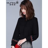 欧昵雪秋装新款泡泡袖长袖雪纺衫女衬衫宽松女装上衣立领衬衣