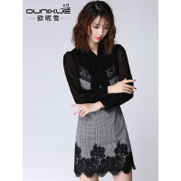 欧昵雪秋装新款性感花边拼接吊带裙V领无袖打底连衣裙宽松腰