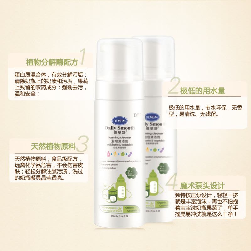 德敏舒DEMUM泡泡清洁剂150ml(奶瓶清洁剂)果蔬奶瓶专用清洗液高效去污无香型易冲洗1瓶装清洗液图片