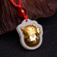 和田玉金镶玉吊坠女招财猫小天使Q版萌宠企鹅男足金项链送证书