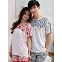 静韵夏季韩国风睡衣纯棉短袖条纹航海情侣睡衣男女士家居服套装