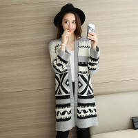 邑概念高档品质三针粗纺膨体纱大码提花图案长款开衫外套毛衣