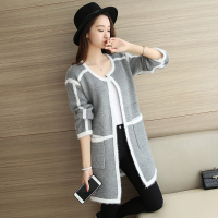 邑概念高档品质三针长毛绒拼接线条大码超长款开衫毛衣外套