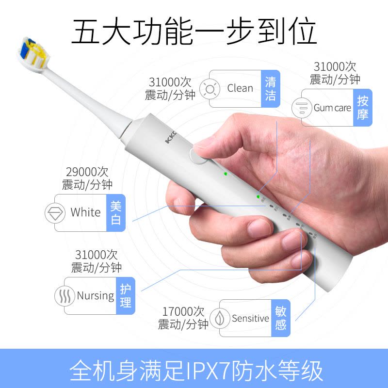 海尔旗下品牌KKC情侣电动牙刷 KQ1-620W 成人家用声波充电式全自动软毛美白 白色图片